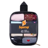 Women’s travel pouch with Supersox branding, shown closed on white background.